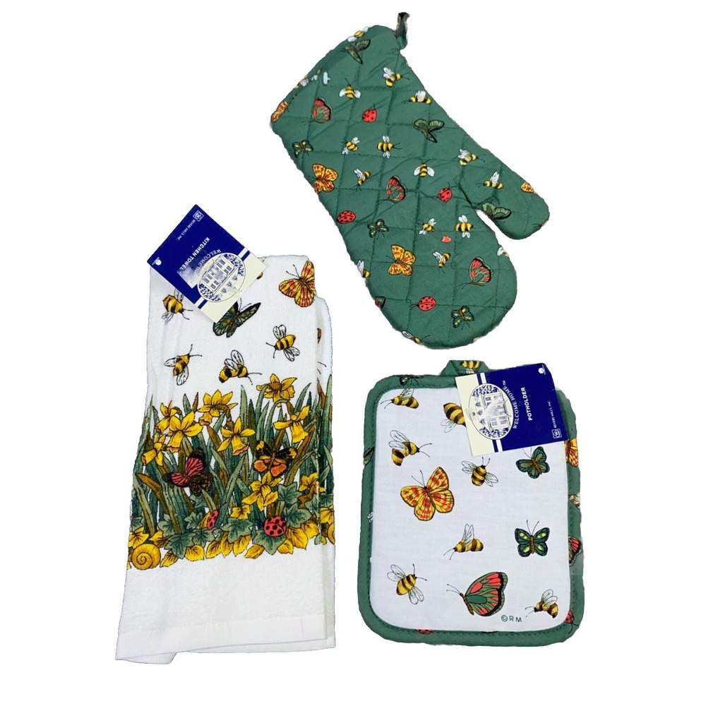 Vintage Revere Mills Quilted Oven Mitt Pot Holder Kitchen Towel 90s Lot Of 3 NEW